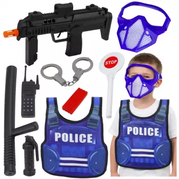LEAN TOYS Polizei-Set Weste Gewehr Maske Walkie-Talkie Zubehör