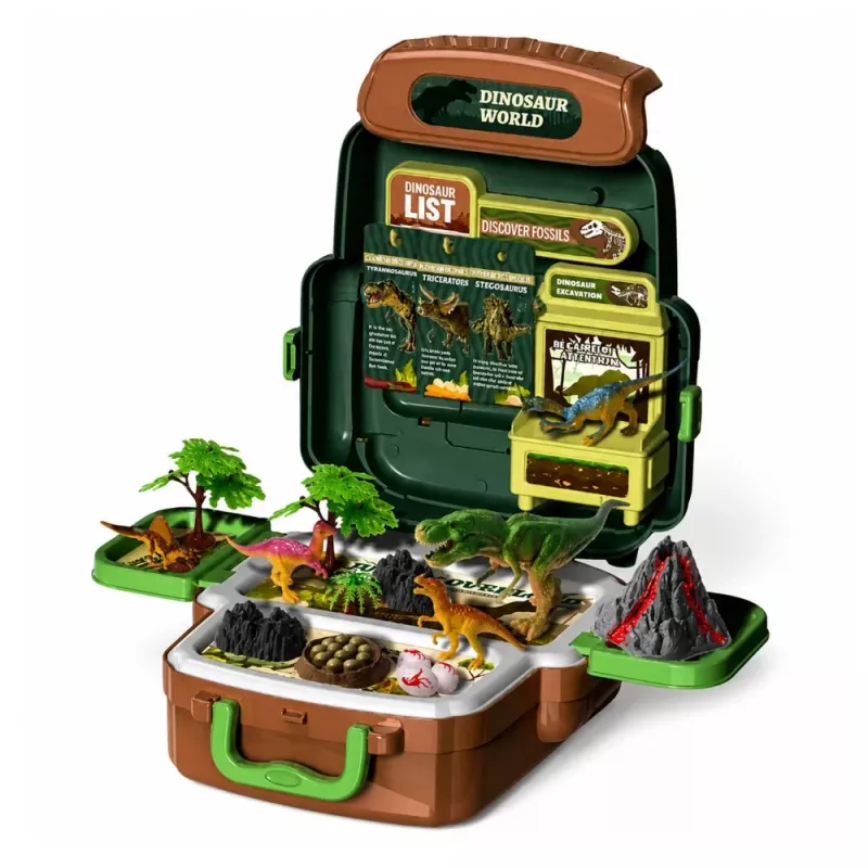 LEAN TOYS Set Dinosaurier im Rucksack, Koffer, Figuren, Lernkarten, Zubehör, 30 Teile