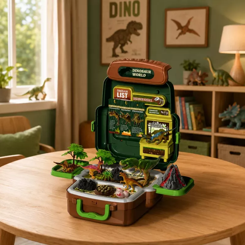 LEAN TOYS Set Dinosaurier im Rucksack, Koffer, Figuren, Lernkarten, Zubehör, 30 Teile