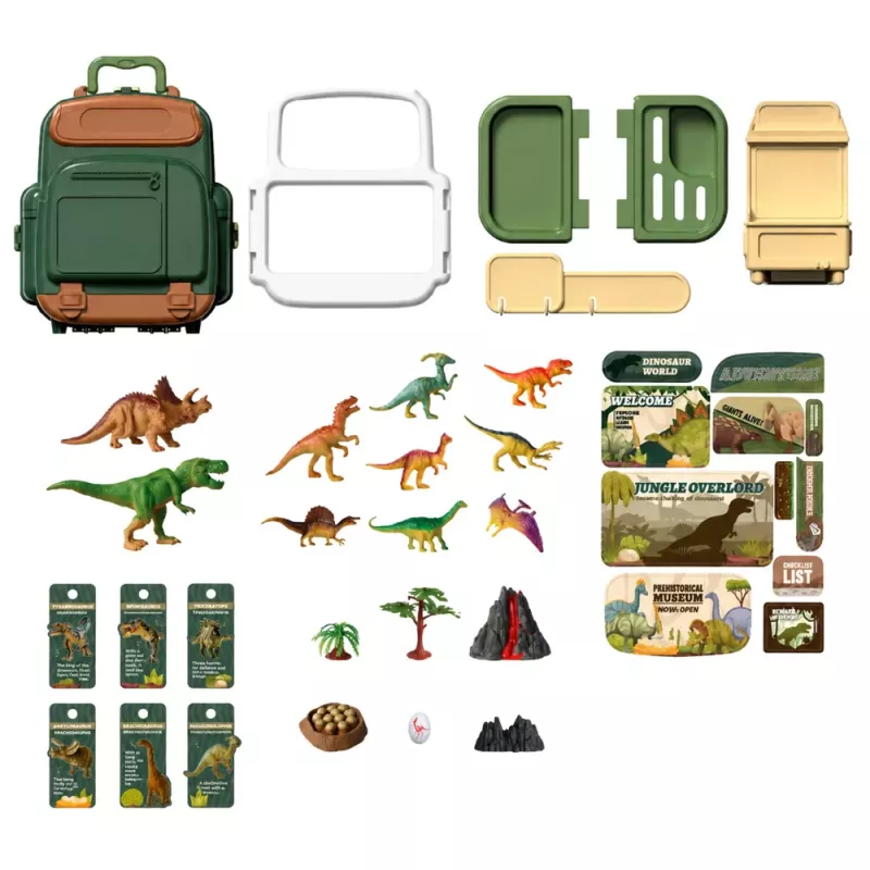LEAN TOYS Set Dinosaurier im Rucksack, Koffer, Figuren, Lernkarten, Zubehör, 30 Teile