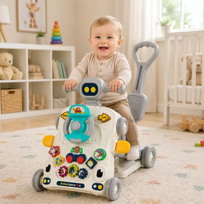 LEAN TOYS Interaktives Lernspielzeug 5-in-1, Lauflernhilfe, Schiebespielzeug, Dreirad, Roller, Spieltisch, Grau