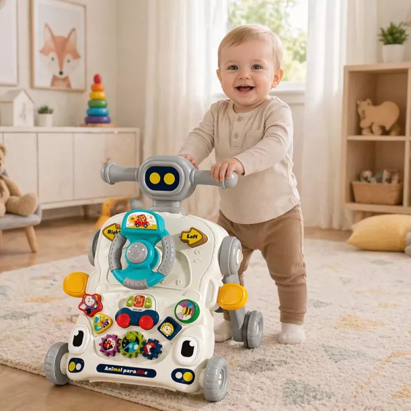 LEAN TOYS Interaktives Lernspielzeug 5-in-1, Lauflernhilfe, Schiebespielzeug, Dreirad, Roller, Spieltisch, Grau