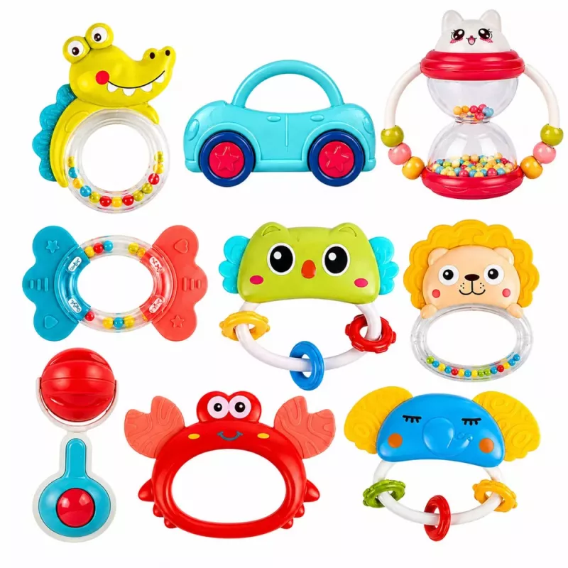 LEAN TOYS Set aus Rasseln, Beißringen und Spielzeug für Kleinkinder, Bunt, Beweglich, 9-teilig