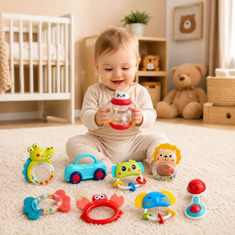 LEAN TOYS Set aus Rasseln, Beißringen und Spielzeug für Kleinkinder, Bunt, Beweglich, 9-teilig