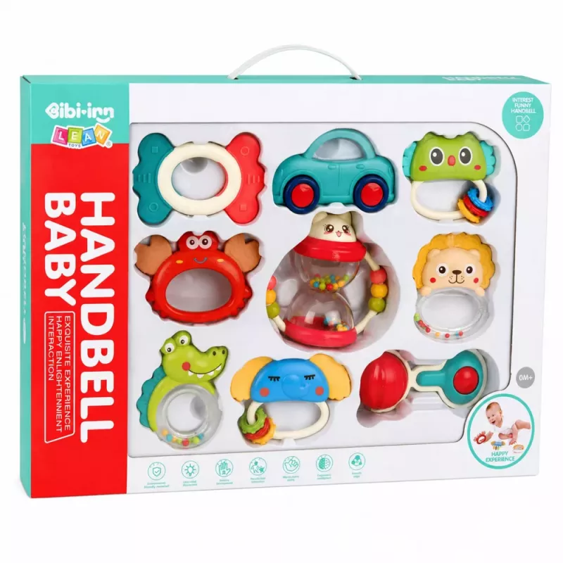 LEAN TOYS Set aus Rasseln, Beißringen und Spielzeug für Kleinkinder, Bunt, Beweglich, 9-teilig