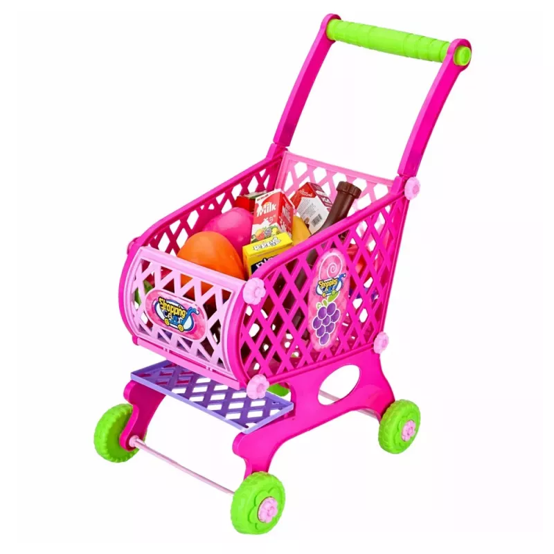 LEAN TOYS Großer Einkaufswagen für Kinder, Lebensmittel, Pink, 52 cm, 46 Teile