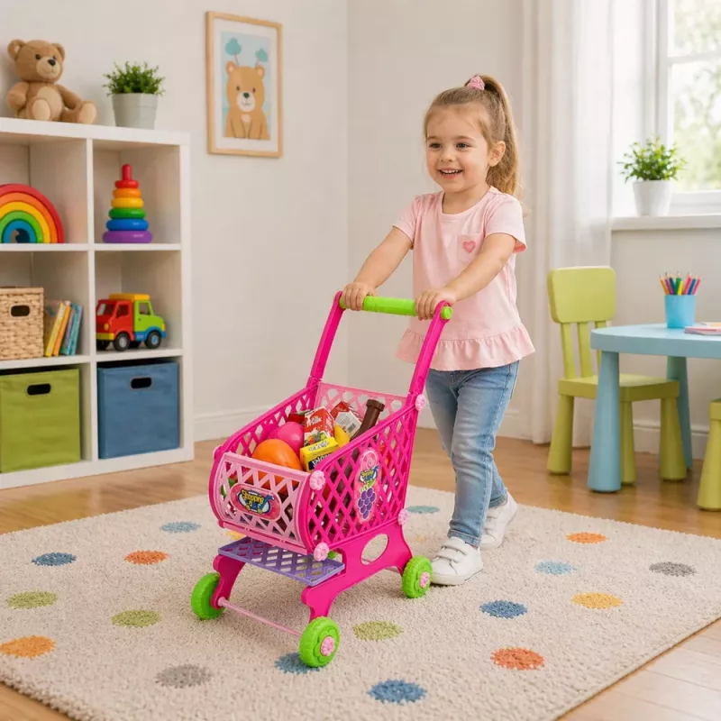 LEAN TOYS Großer Einkaufswagen für Kinder, Lebensmittel, Pink, 52 cm, 46 Teile