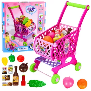 LEAN TOYS Großer Einkaufswagen für Kinder, Lebensmittel, Pink, 52 cm, 46 Teile