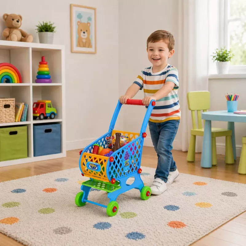 LEAN TOYS Großer Einkaufswagen für Kinder, Lebensmittel, Blau, 52 cm, 46 Teile