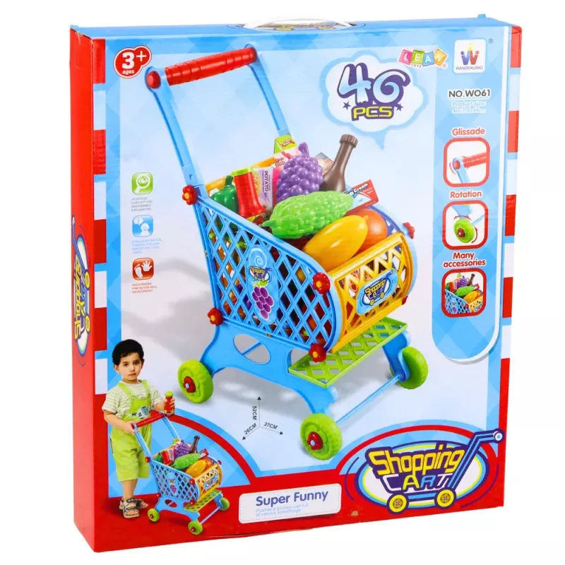 LEAN TOYS Großer Einkaufswagen für Kinder, Lebensmittel, Blau, 52 cm, 46 Teile