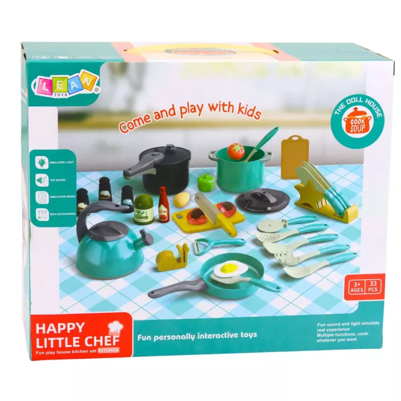 LEAN TOYS Little Chef's Set - Küchentöpfe, Geschirr, Wasserkocher, Türkis, 33 Teile