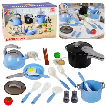 LEAN TOYS Küchenutensilien-Set Töpfe Pfanne Kessel Zubehör Blau 32-teilig