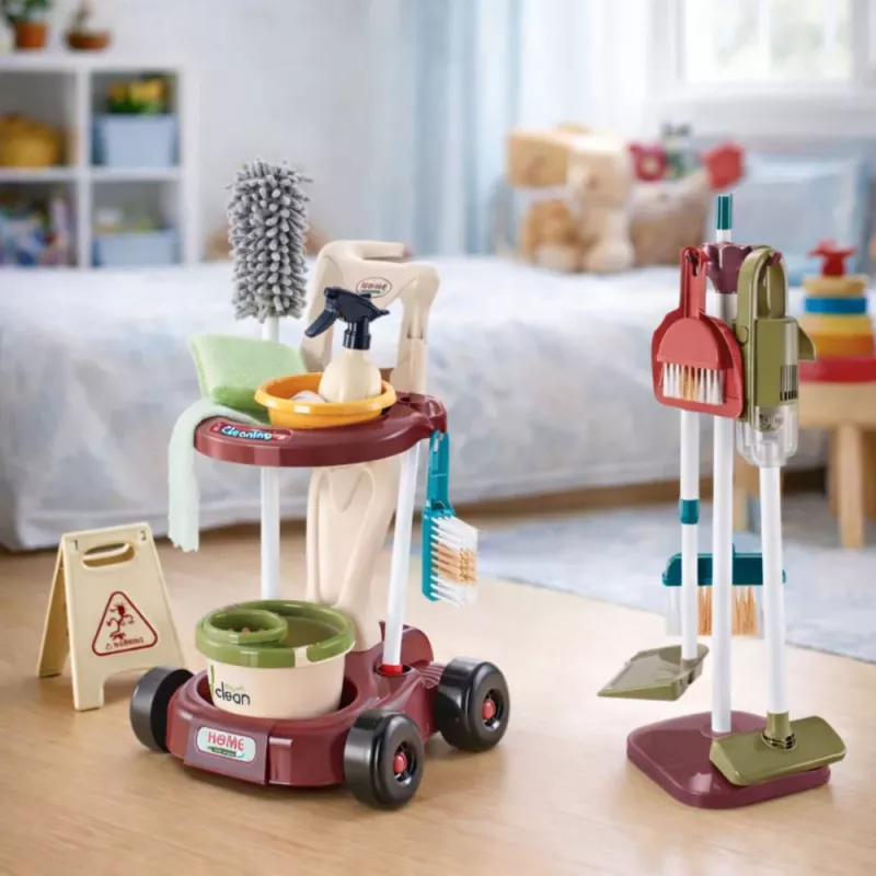 LEAN TOYS Kinder-Reinigungsset mit Wagen, Mopp, Eimer, Staubsauger, 26-teilig
