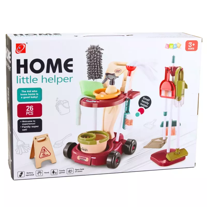 LEAN TOYS Kinder-Reinigungsset mit Wagen, Mopp, Eimer, Staubsauger, 26-teilig