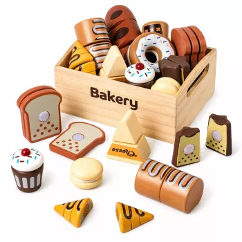 LEAN TOYS Holz Mini Bäckerei Set mit Brot und Klettverschluss in Box 10 Stk.