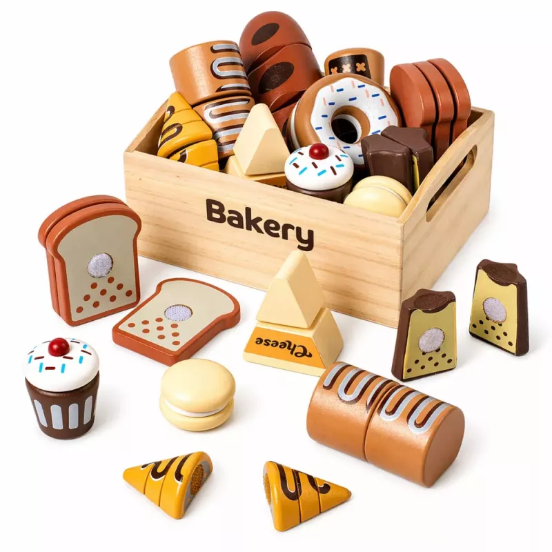 LEAN TOYS Holz Mini Bäckerei Set mit Brot und Klettverschluss in Box 10 Stk.