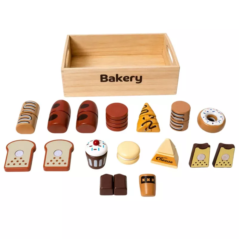 LEAN TOYS Holz Mini Bäckerei Set mit Brot und Klettverschluss in Box 10 Stk.