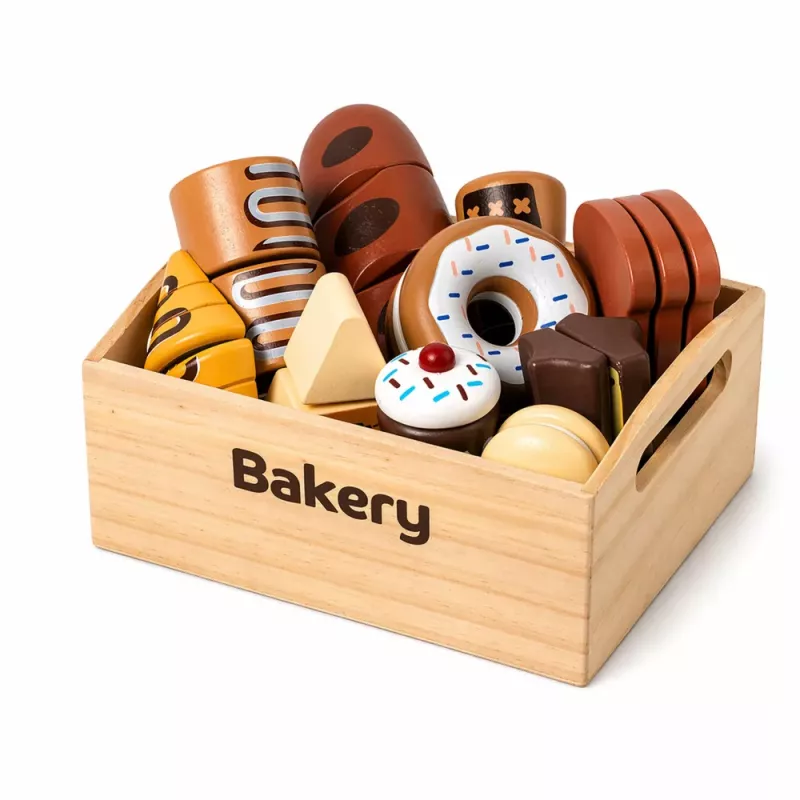 LEAN TOYS Holz Mini Bäckerei Set mit Brot und Klettverschluss in Box 10 Stk.