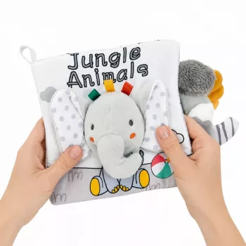 LEAN TOYS Soft Sensory Book mit raschelndem und quietschendem Elefanten, Grau