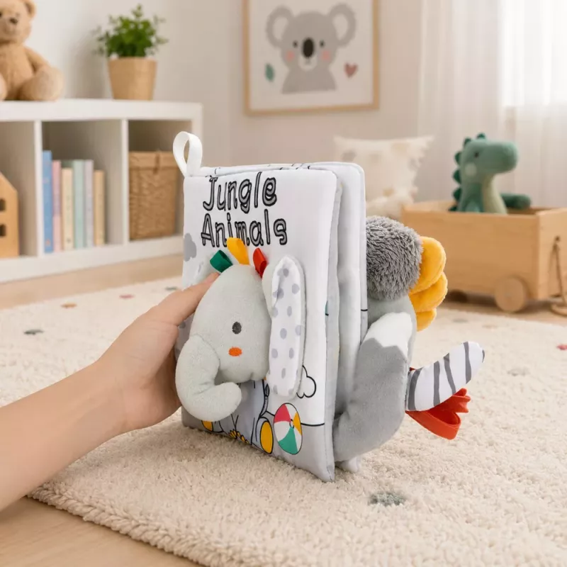 LEAN TOYS Soft Sensory Book mit raschelndem und quietschendem Elefanten, Grau