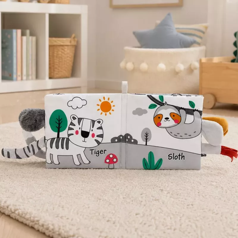 LEAN TOYS Soft Sensory Book mit raschelndem und quietschendem Elefanten, Grau