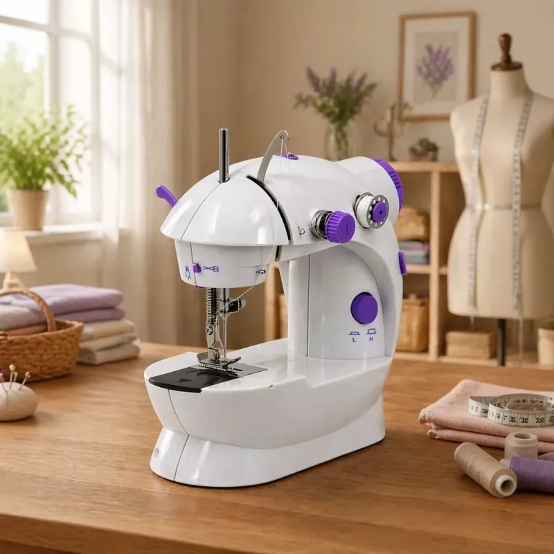 LEAN Mini-Nähmaschine mit LED-Licht, tragbar, 2 Modi, Zubehör, Fußpedal