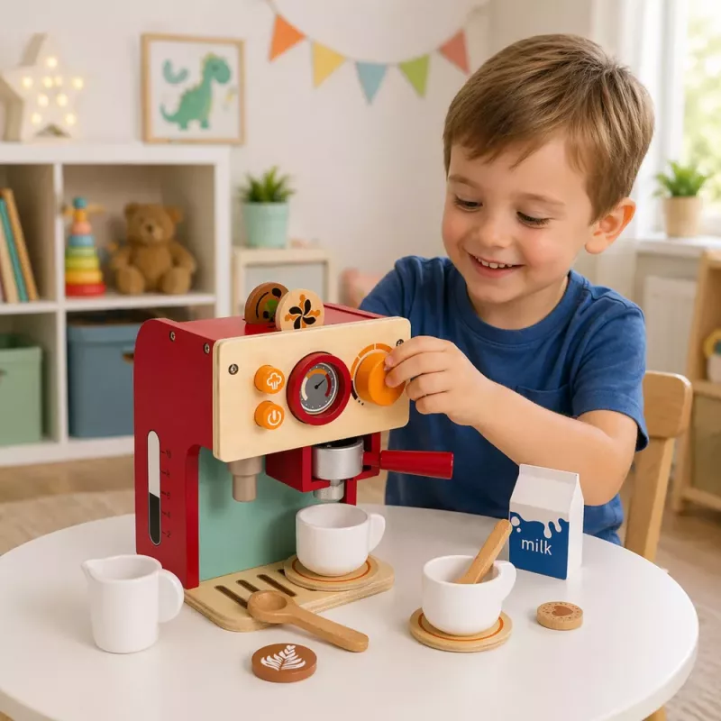 LEAN TOYS Holz-Kaffeemaschinen-Set Kleine Barista-Tassen Zubehör