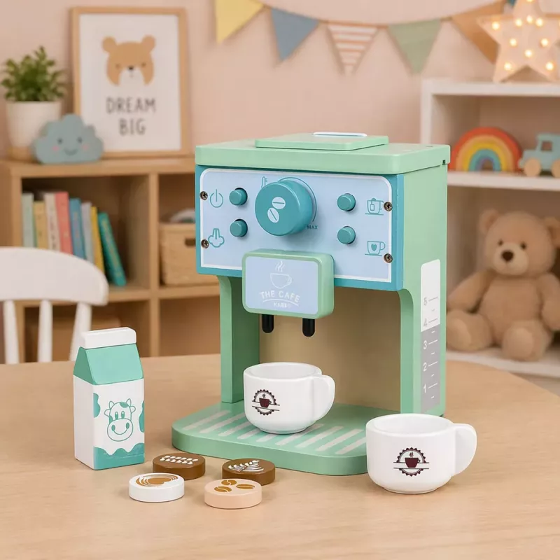 LEAN TOYS Holz-Kaffeemaschinen-Set mit Tassen, Milch und Zubehör für Kinder