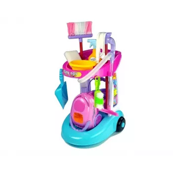 LEAN TOYS Reinigungsset auf einem Wagen mit Staubsauger