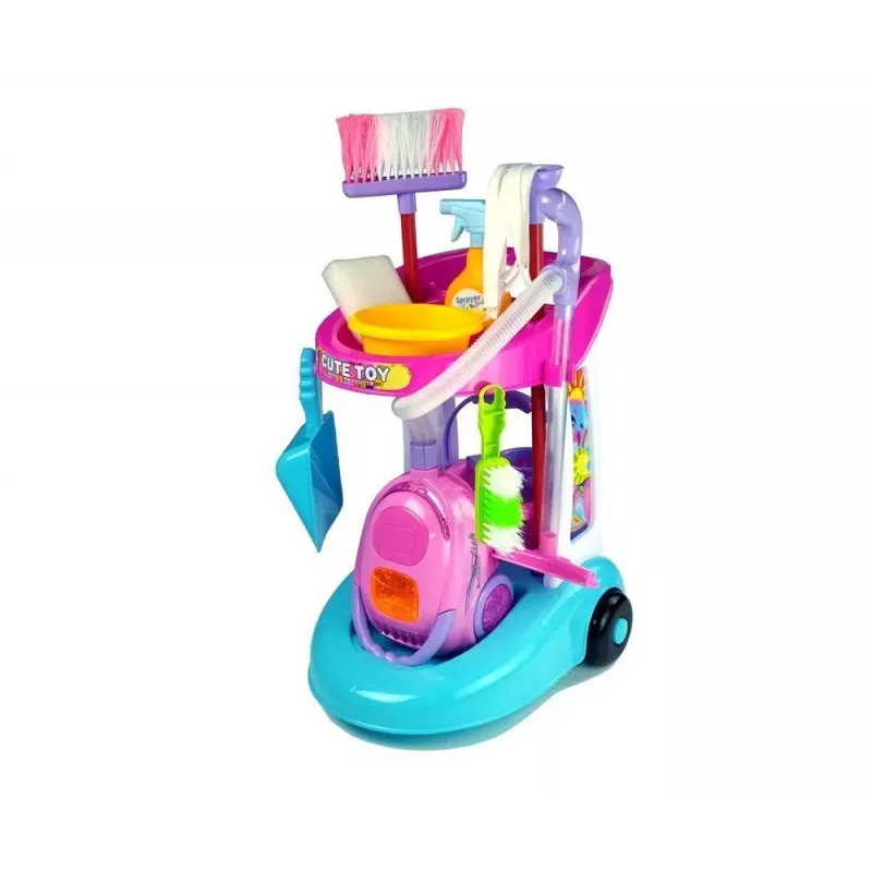 LEAN TOYS Reinigungsset auf einem Wagen mit Staubsauger