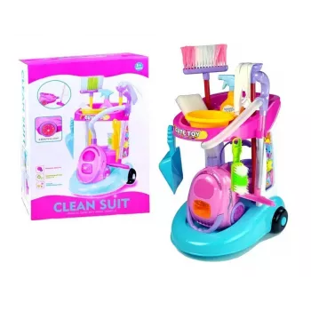 LEAN TOYS Reinigungsset auf einem Wagen mit Staubsauger