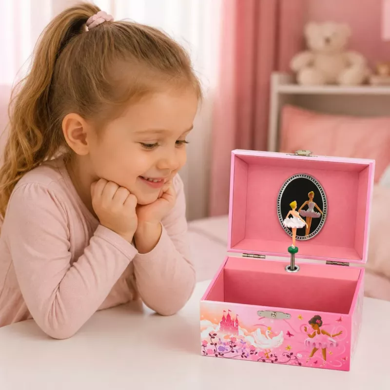 LEAN TOYS Aufzieh-Spieldose Schmuckkästchen für Kinder mit Spiegel Pink