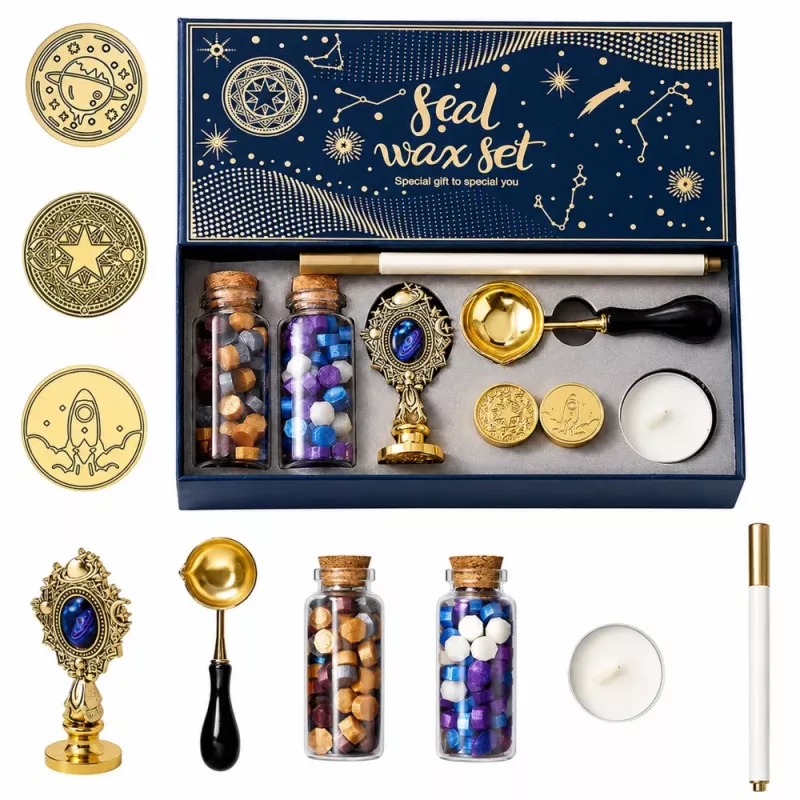 LEAN TOYS Wachssiegel-Set Wachsstempel zum Dekorieren - 6-teiliges Set mit Messingstempel, Schmelzlöffel, Wachsstäbchen und Teelicht