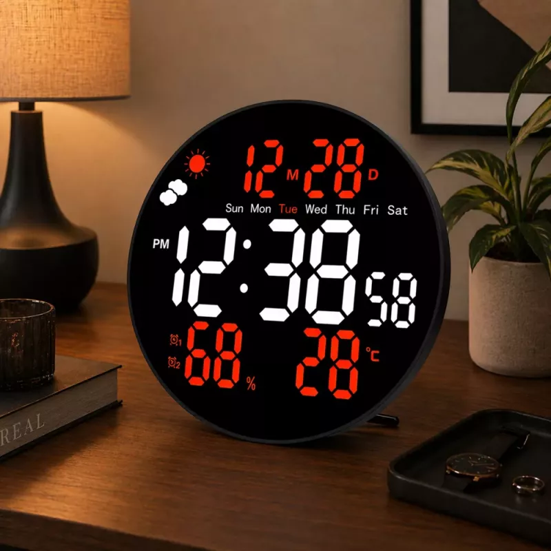 LEAN Digital LED Wanduhr Datum Temperatur Luftfeuchtigkeit Alarm Fernbedienung 25 cm