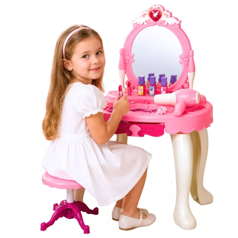 LEAN TOYS Kinderschminktisch mit Stuhl, Lichtern, Föhn, Zubehör, Geräuschen, Pink