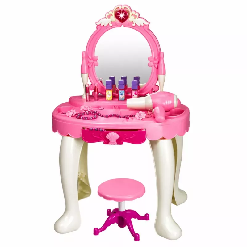 LEAN TOYS Kinderschminktisch mit Stuhl, Lichtern, Föhn, Zubehör, Geräuschen, Pink