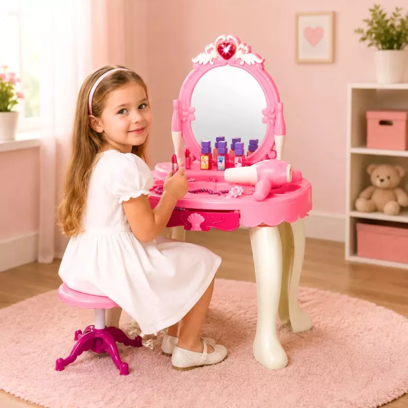 LEAN TOYS Kinderschminktisch mit Stuhl, Lichtern, Föhn, Zubehör, Geräuschen, Pink