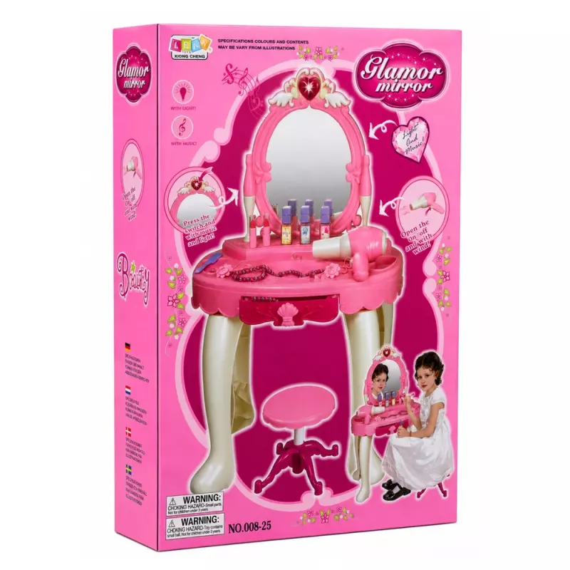 LEAN TOYS Kinderschminktisch mit Stuhl, Lichtern, Föhn, Zubehör, Geräuschen, Pink