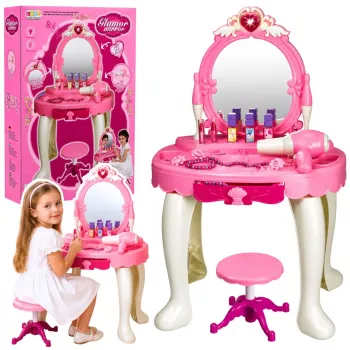 LEAN TOYS Kinderschminktisch mit Stuhl, Lichtern, Föhn, Zubehör, Geräuschen, Pink