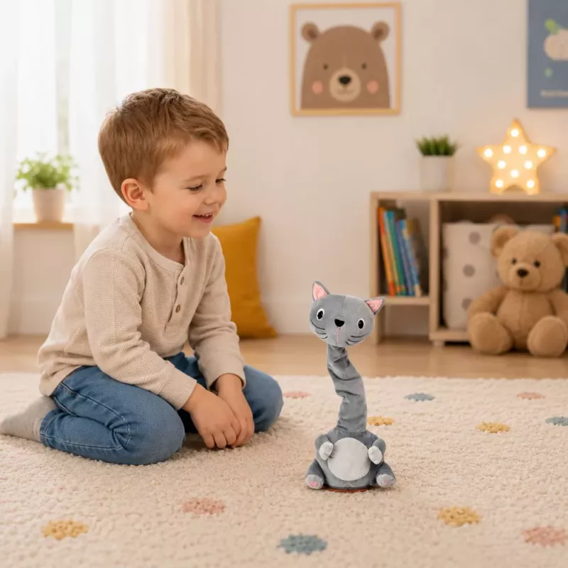 LEAN TOYS Plüschtanzkatze interaktives Spielzeug mit Musik und Geräuschen Maskottchen Grau