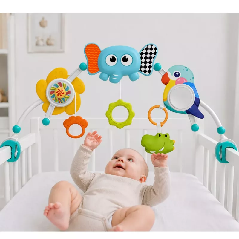 LEAN TOYS Sensorikbogen mit Elefant für Babybett, Autositz, Kinderwagen, Spiegel, Rassel