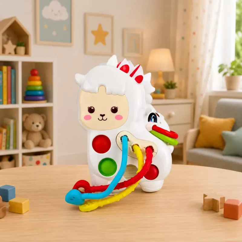 LEAN TOYS Sensorikspielzeug für Kleinkinder Lama mit Schnüren Pop-It Perlen