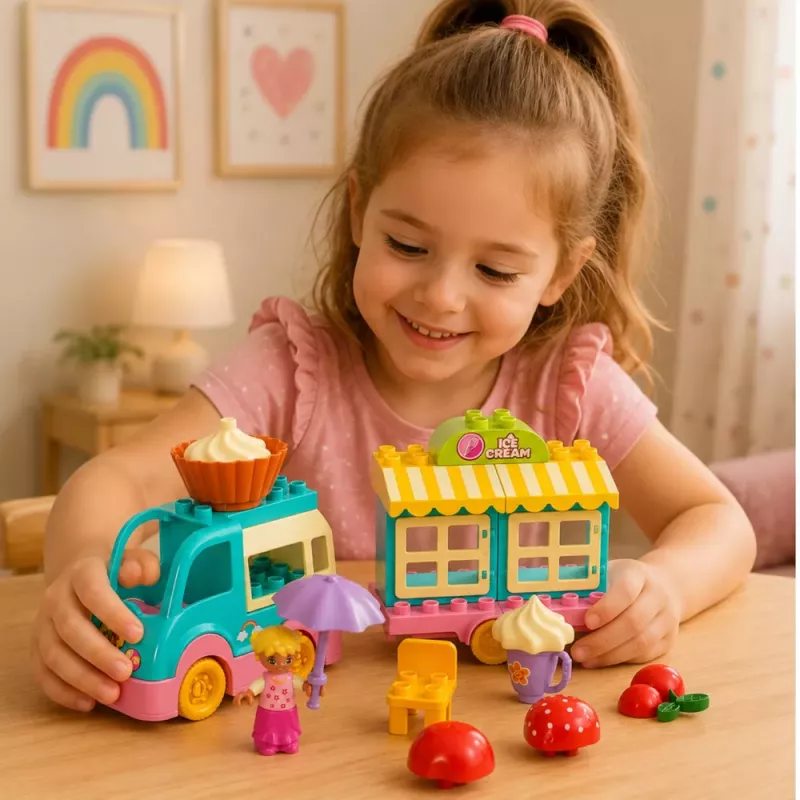 LEAN TOYS Ice Cream Shop Car mit motorisierter Mädchenfigur Desserts Bausteine-Set