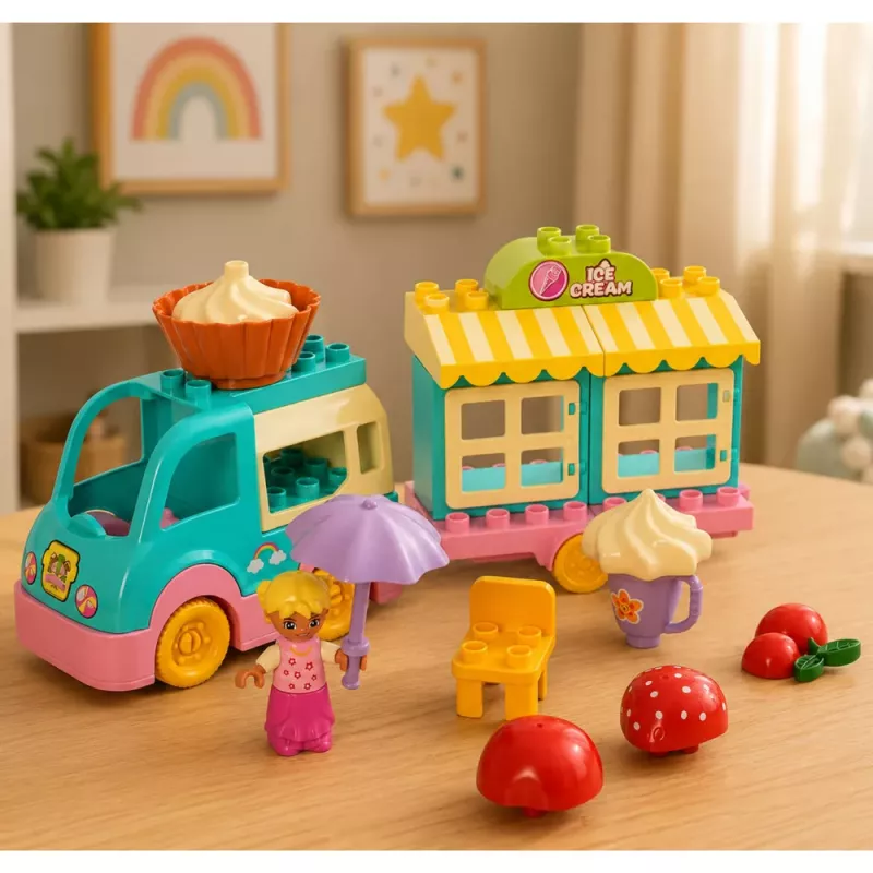 LEAN TOYS Ice Cream Shop Car mit motorisierter Mädchenfigur Desserts Bausteine-Set