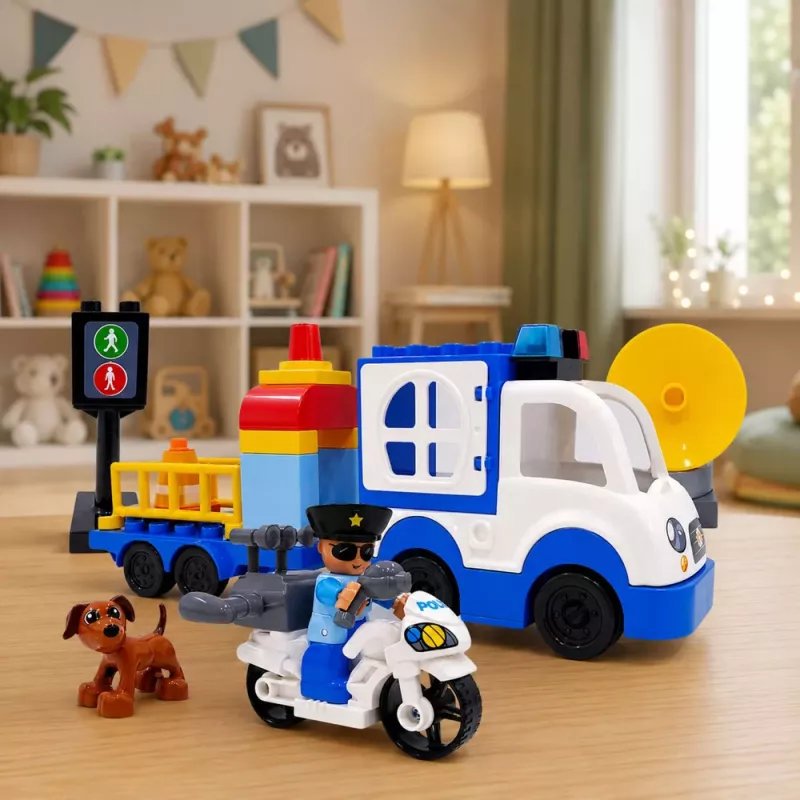 LEAN TOYS City Police Car Set mit motorisierten Bausteinen, Figuren, Zubehör