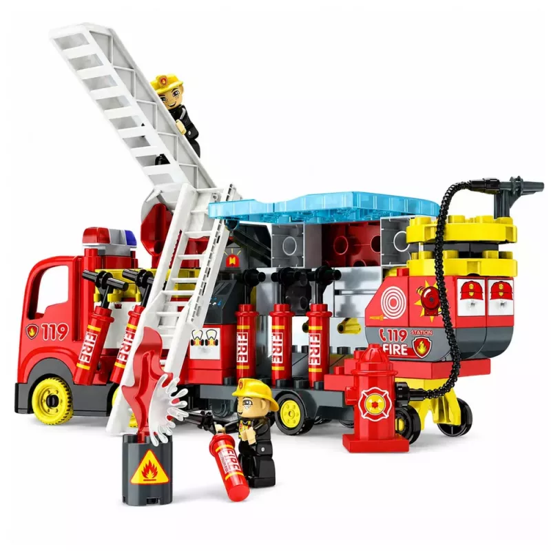 LEAN TOYS Klappbarer Feuerwehr-LKW Bauklötze-Set mit Feuerwehrfiguren, Licht & Sound, 94 Teile