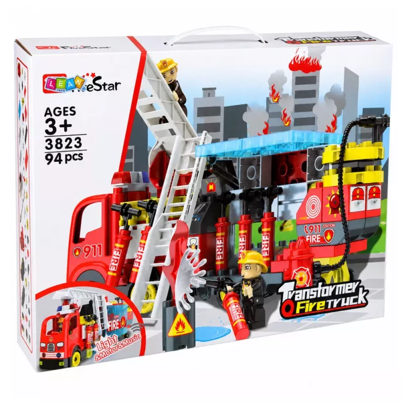 LEAN TOYS Klappbarer Feuerwehr-LKW Bauklötze-Set mit Feuerwehrfiguren, Licht & Sound, 94 Teile