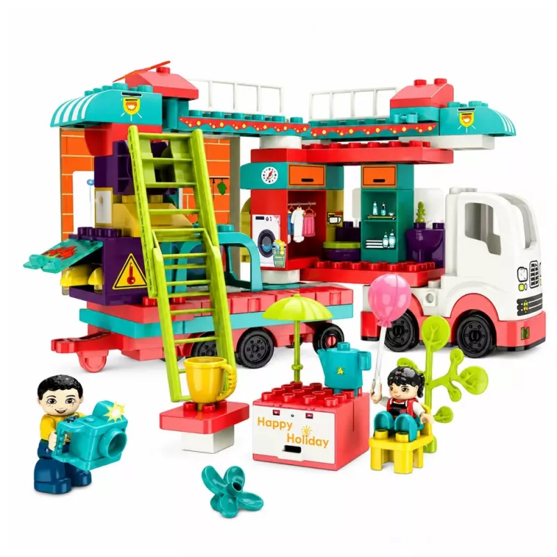 LEAN TOYS Faltwohnwagen Bausteine Figuren Lichter Geräusche 98 Teile