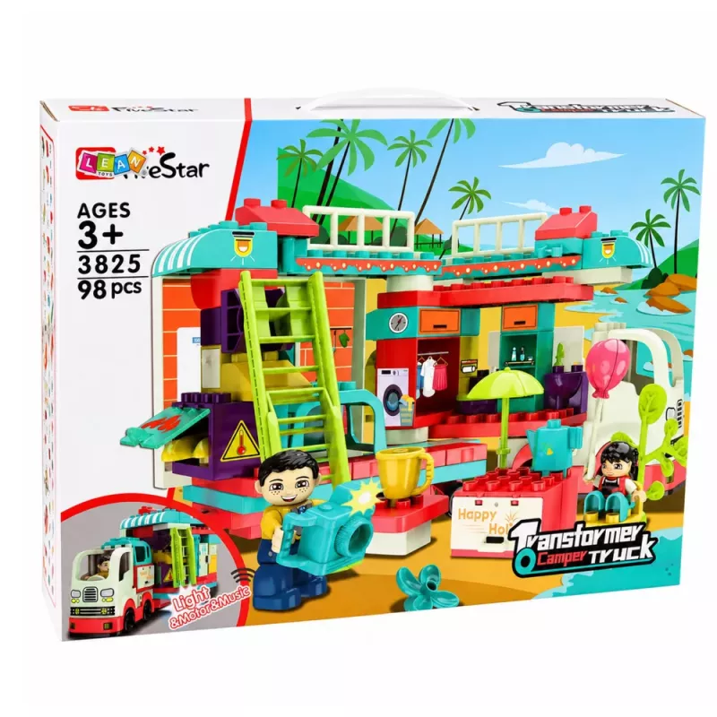 LEAN TOYS Faltwohnwagen Bausteine Figuren Lichter Geräusche 98 Teile