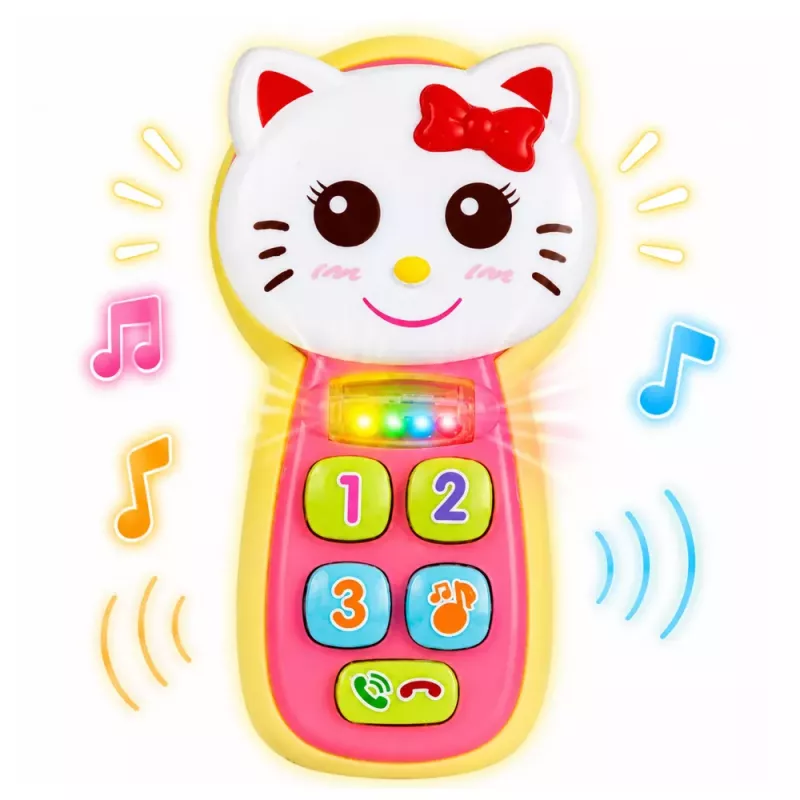 LEAN TOYS Interaktives Baby-Telefon Katze Spiegel Rassel Licht Sound